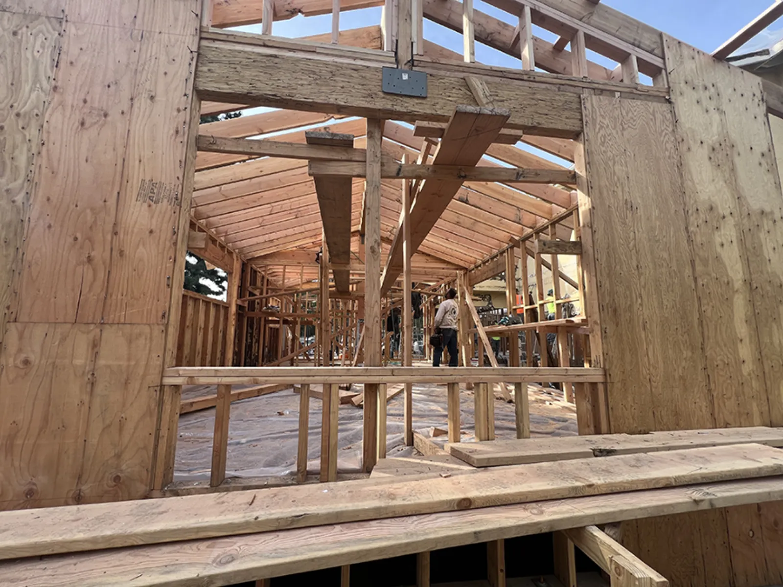 Framing and roof structure during a PMK Development new-construction project in La Cañada Flintridge