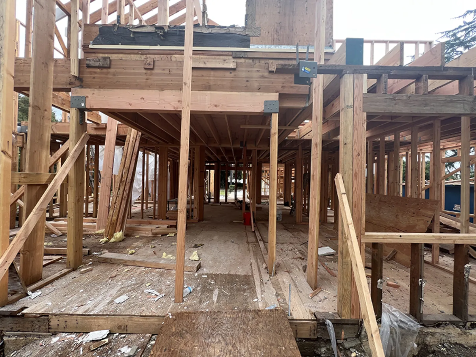 Chevy Chase new construction, floor and wall framing inside the new structure, La Cañada Flintridge