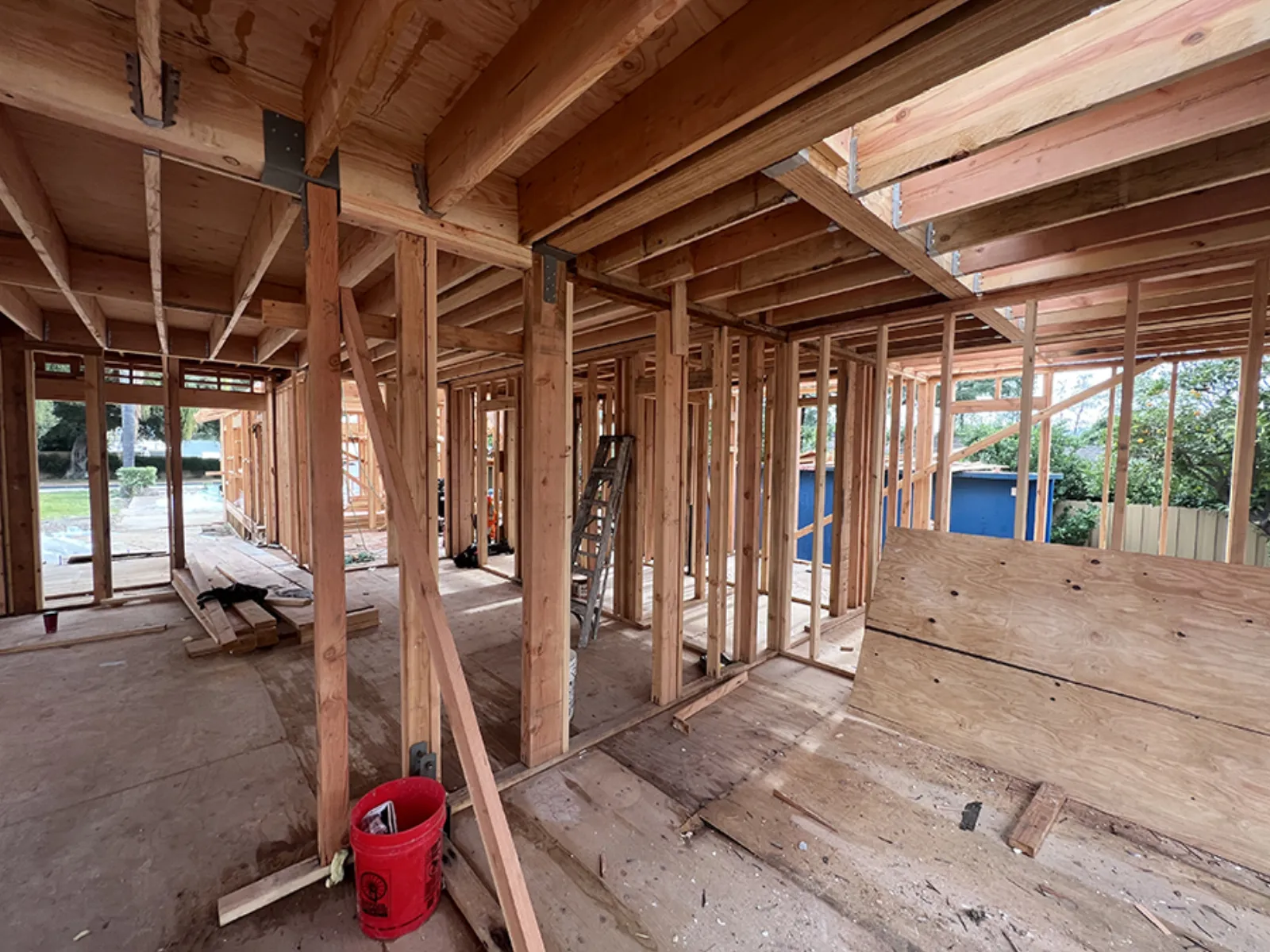 Chevy Chase ground-up build, interior wall framing in progress, La Cañada Flintridge