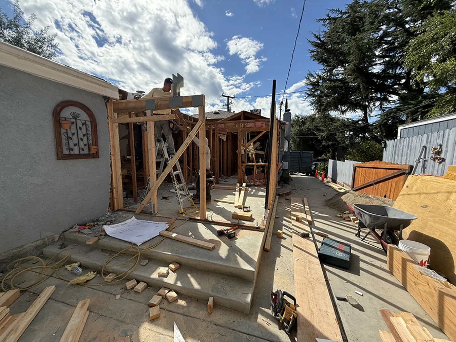 Franklin residence, framing the rear addition, La Crescenta