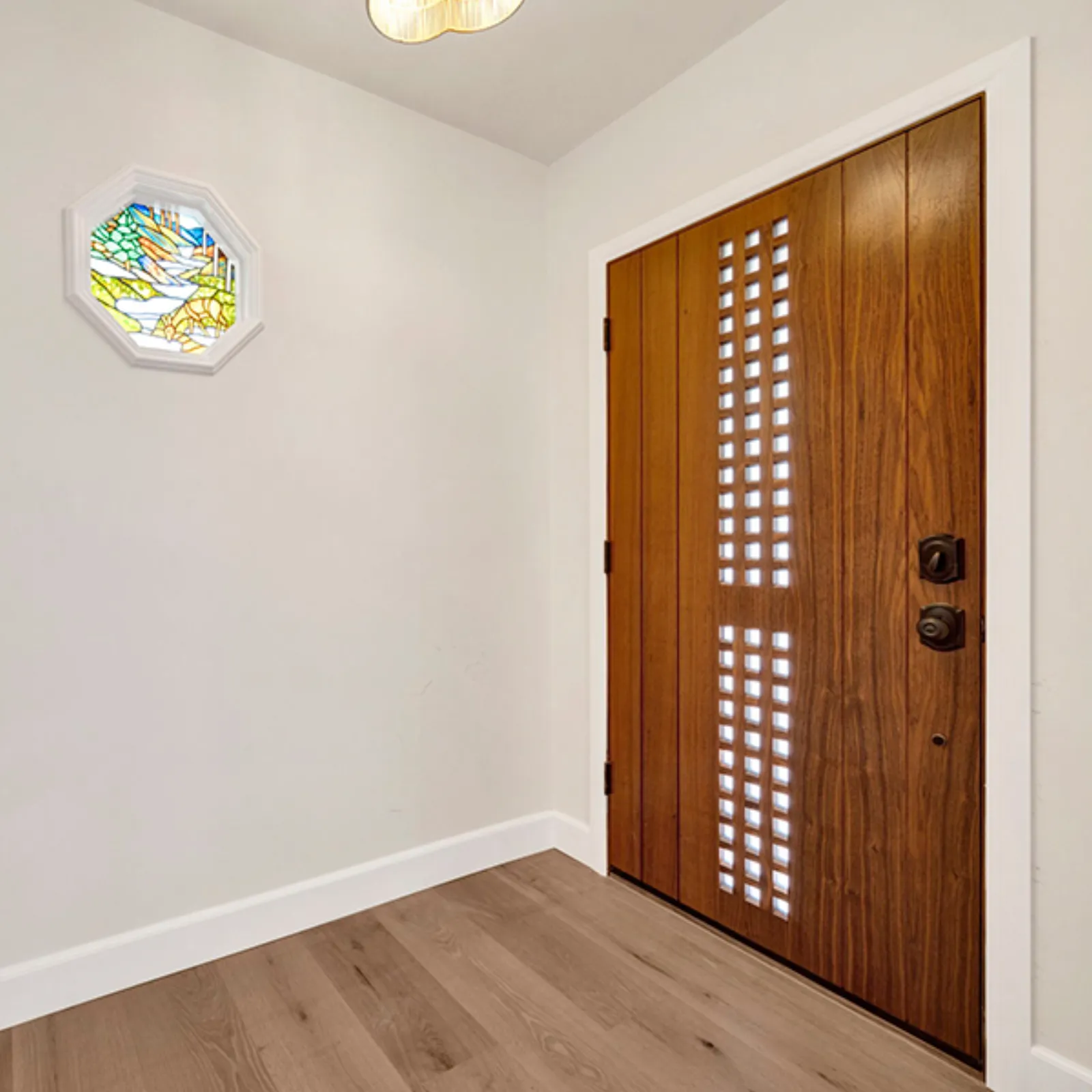 Franklin residence, finished entry with a custom walnut front door, La Crescenta
