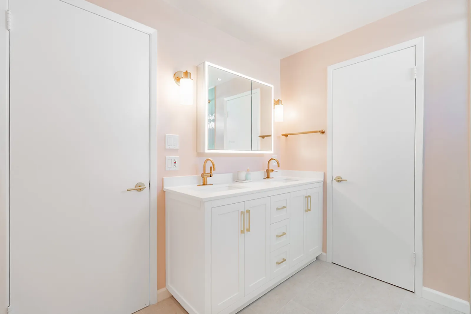 Custom home renovation, double vanity with brass fixtures, Burbank, CA