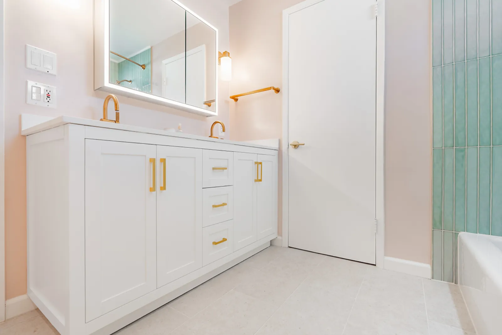Custom home renovation, vanity cabinetry with brass hardware, Burbank, CA
