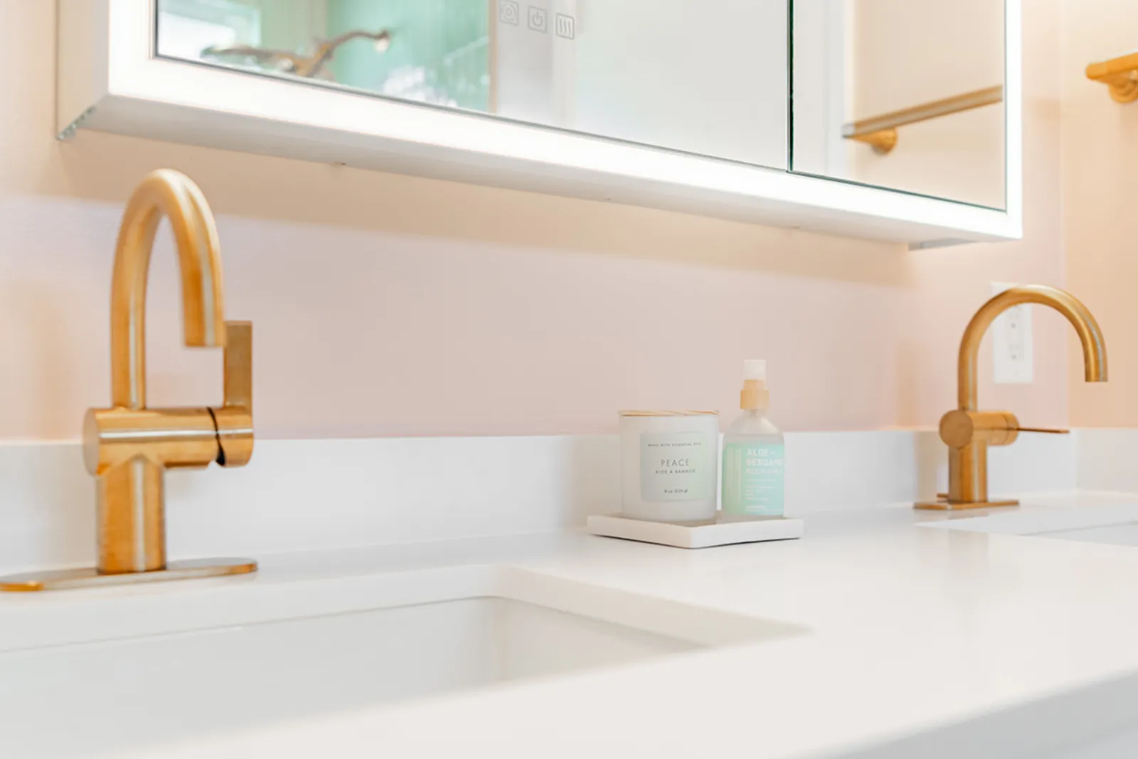 Custom home renovation, linen shelving and brass fixtures, Burbank, CA