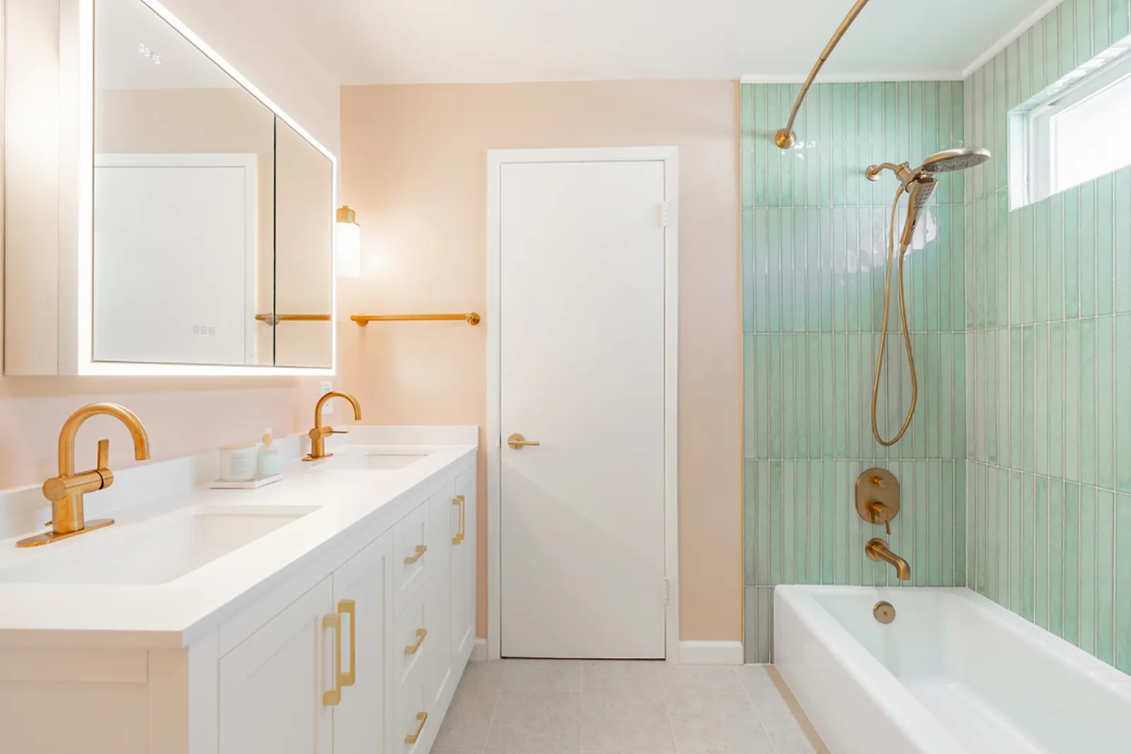Custom home renovation, tiled tub and shower with brass fixtures, Burbank, CA