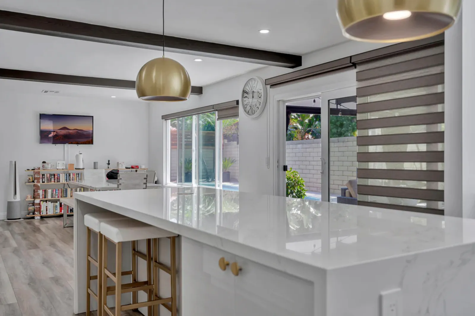 Finished kitchen island looking into the living area from a PMK Development project on Glenwood Avenue in Fullerton