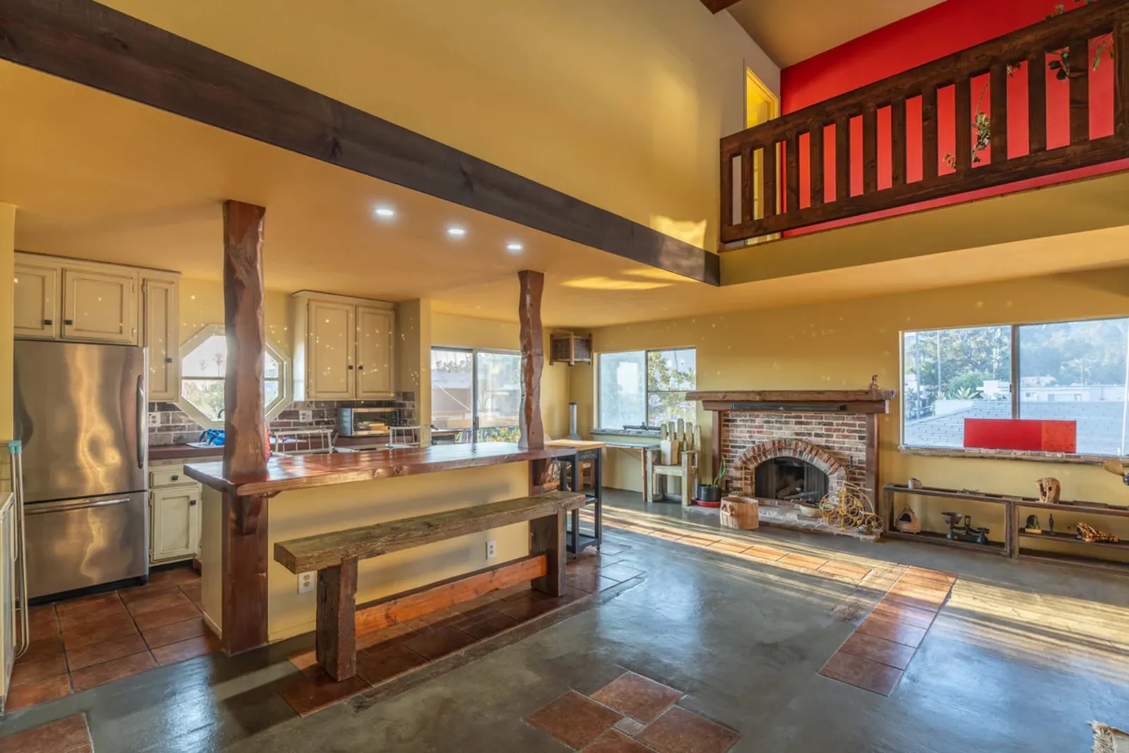 Harvard Ave remodel, kitchen refresh with wood bar seating open to the living room, Los Angeles