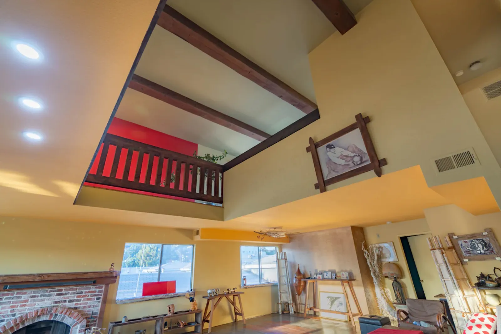 Harvard Ave remodel, exposed beam ceiling detail above the fireplace, Los Angeles