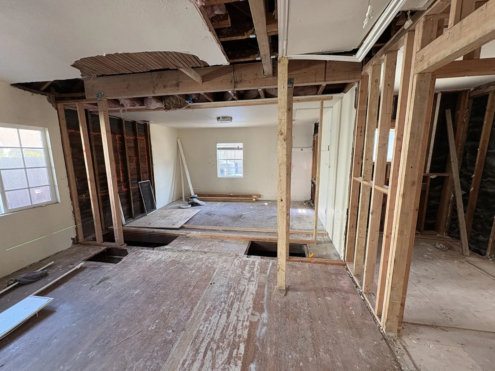 Hobart Blvd remodel, walls and ceiling opened during demolition, Los Angeles