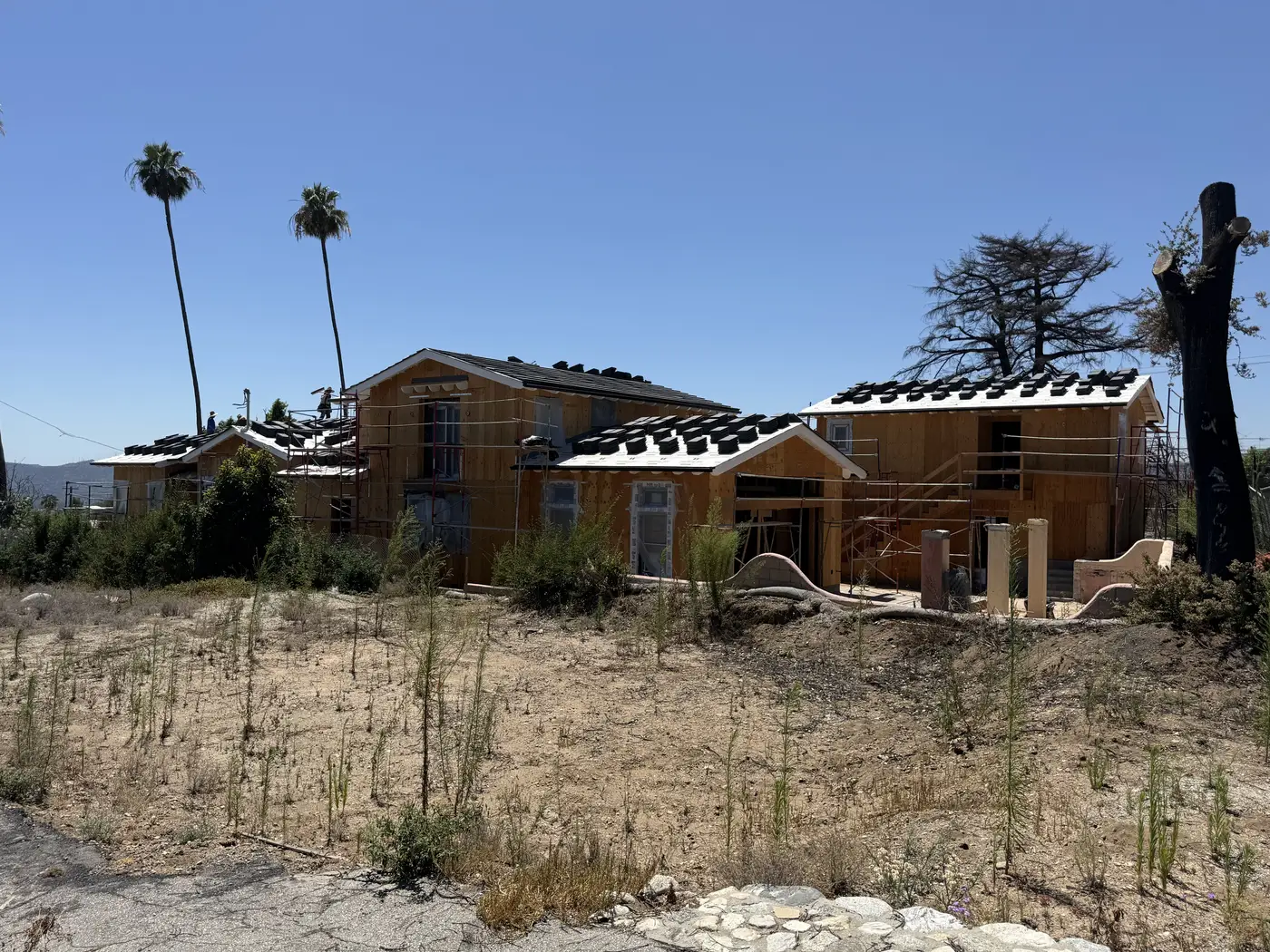 Roof underlayment installed on the framed home and ADU on Las Flores Drive in Altadena.