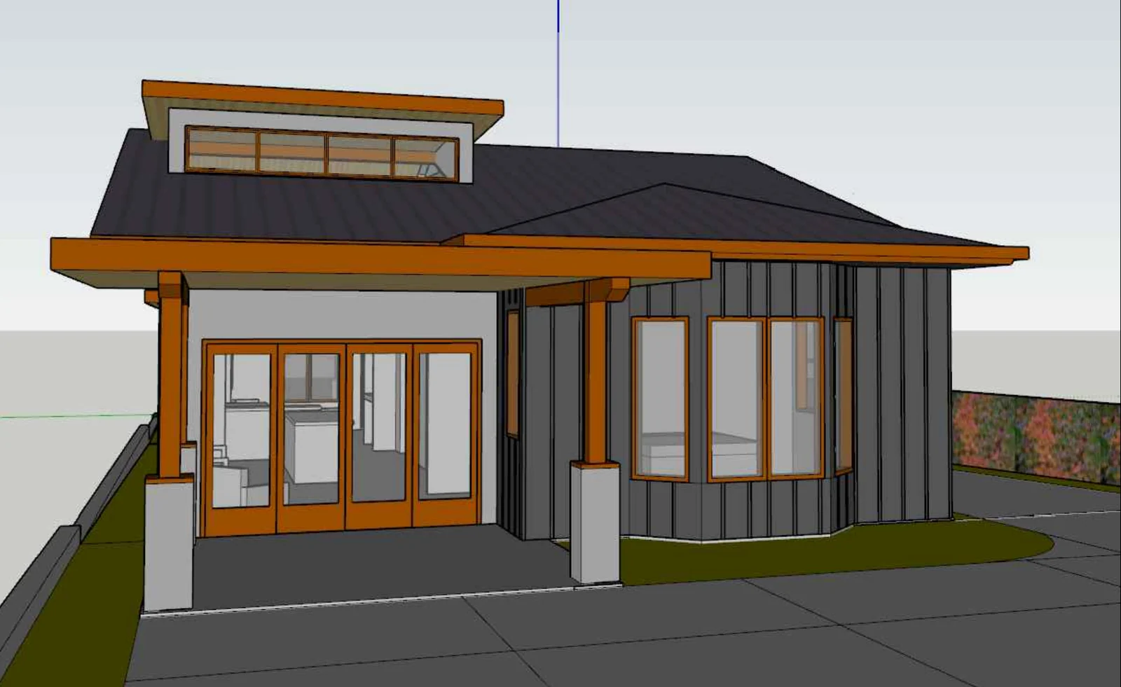 Architectural rendering of glazed doors, windows and a covered entry at the planned Mendocino home