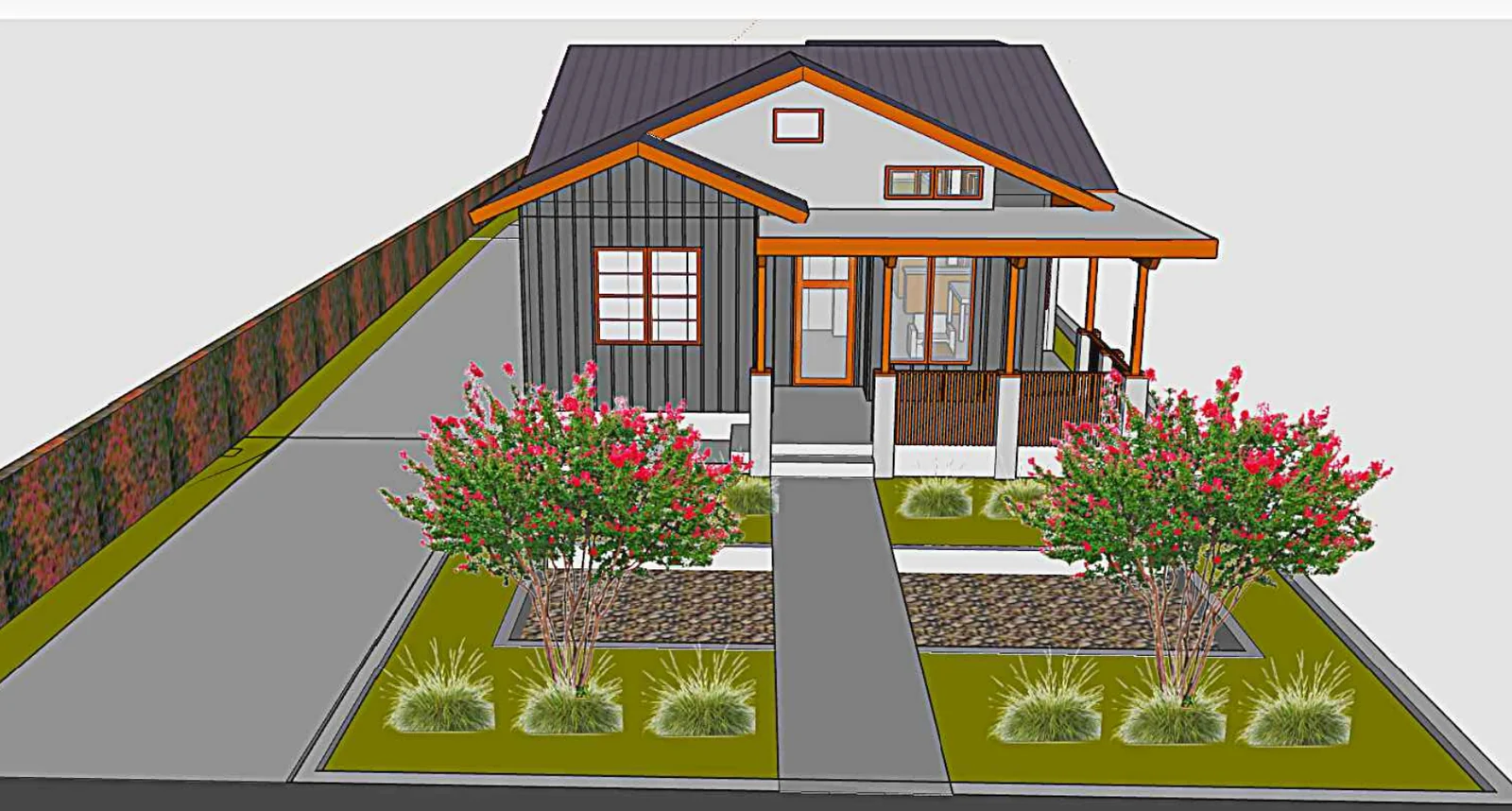 Front architectural rendering of the planned Mendocino home with gabled roofs, a covered porch and a side driveway