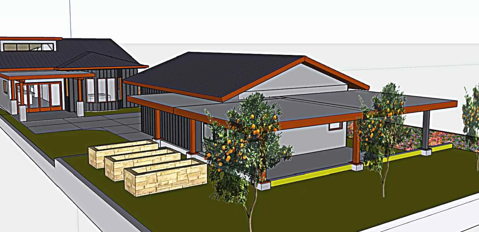Architectural rendering of the planned detached two-car garage and rear of the Mendocino home
