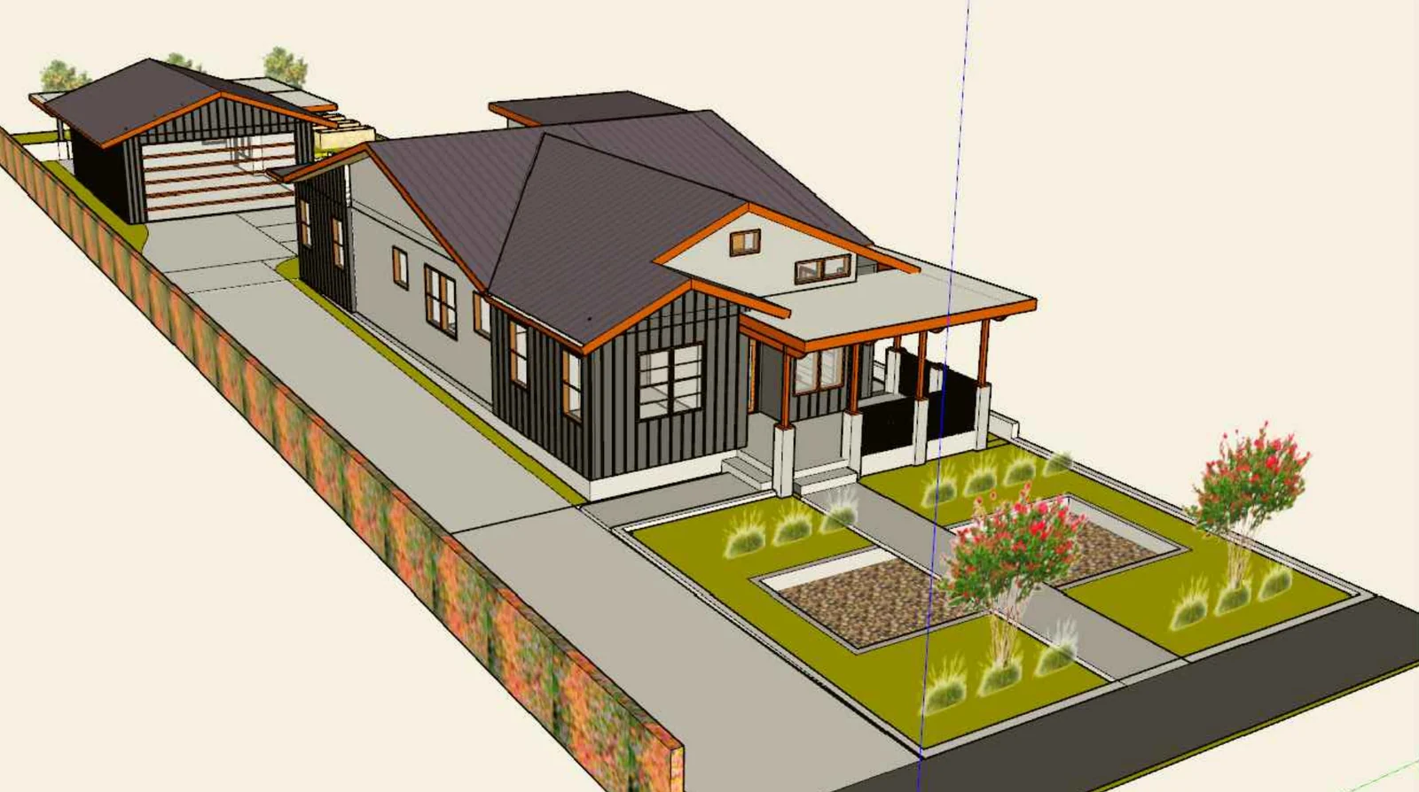 Architectural rendering showing the planned Mendocino home, front porch, side driveway and detached garage