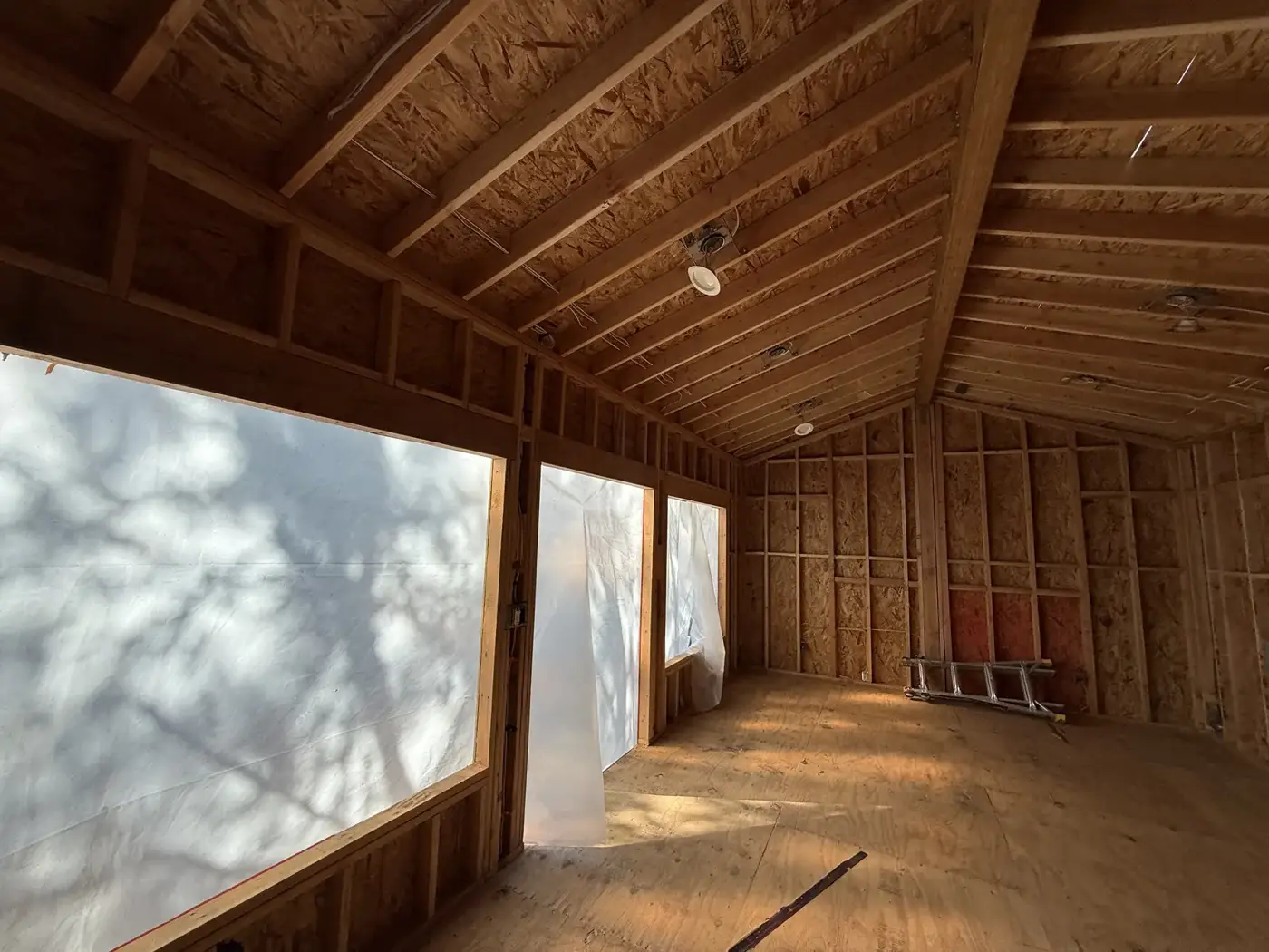 Framed interior with sheathed roof structure and window openings at the Mt. Curve Avenue build.