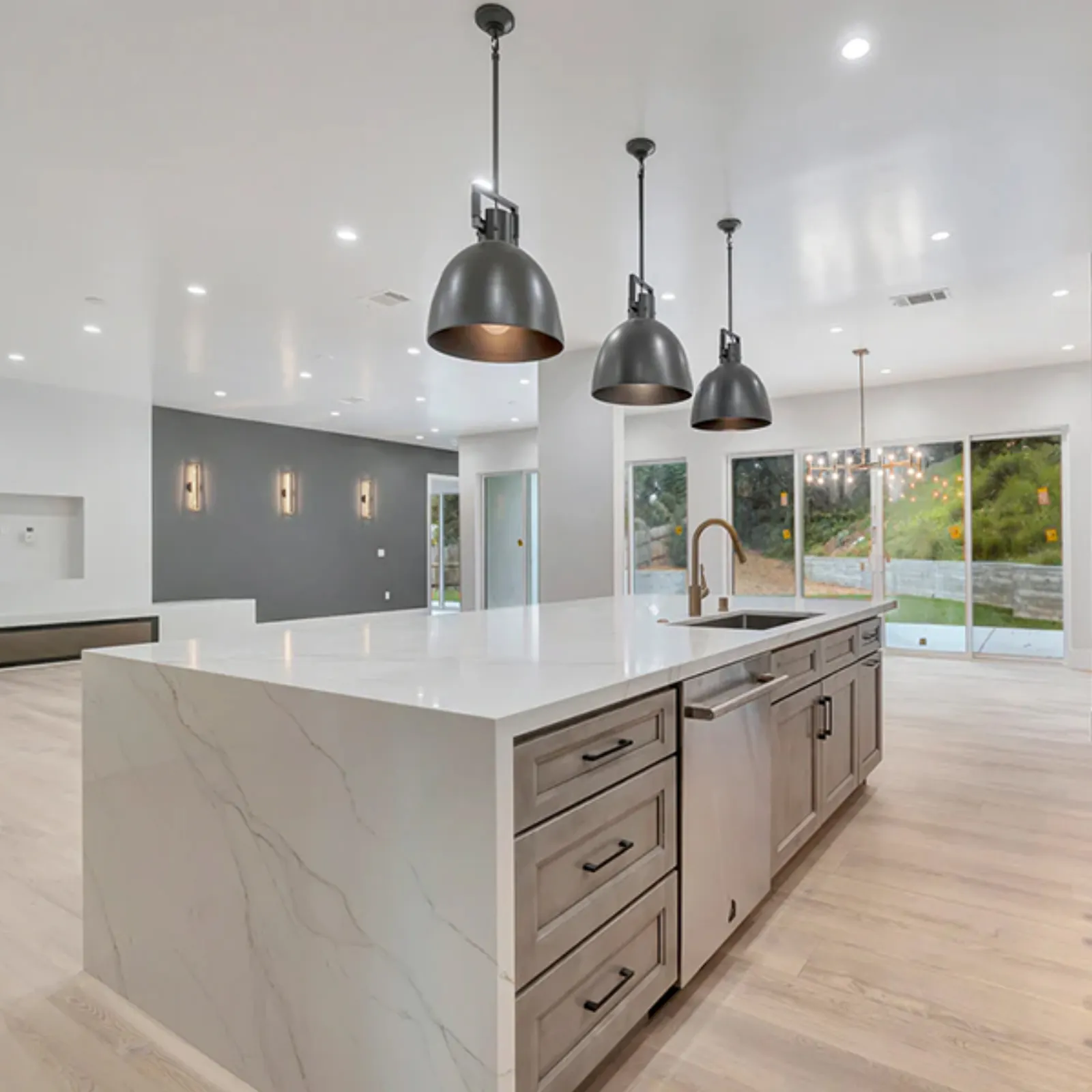Finished kitchen and open living area from a PMK Development whole-home renovation in La Cañada Flintridge
