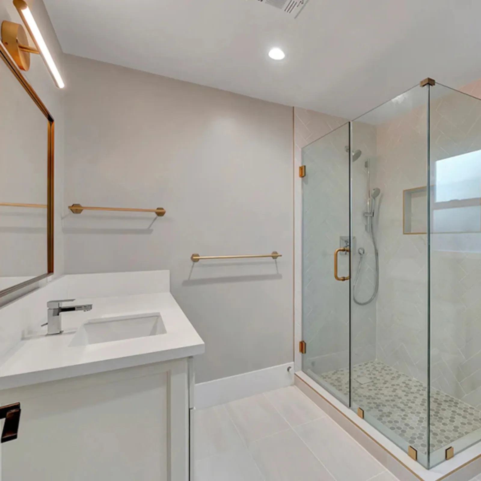 Addition and renovation, secondary bathroom with glass shower, La Cañada Flintridge