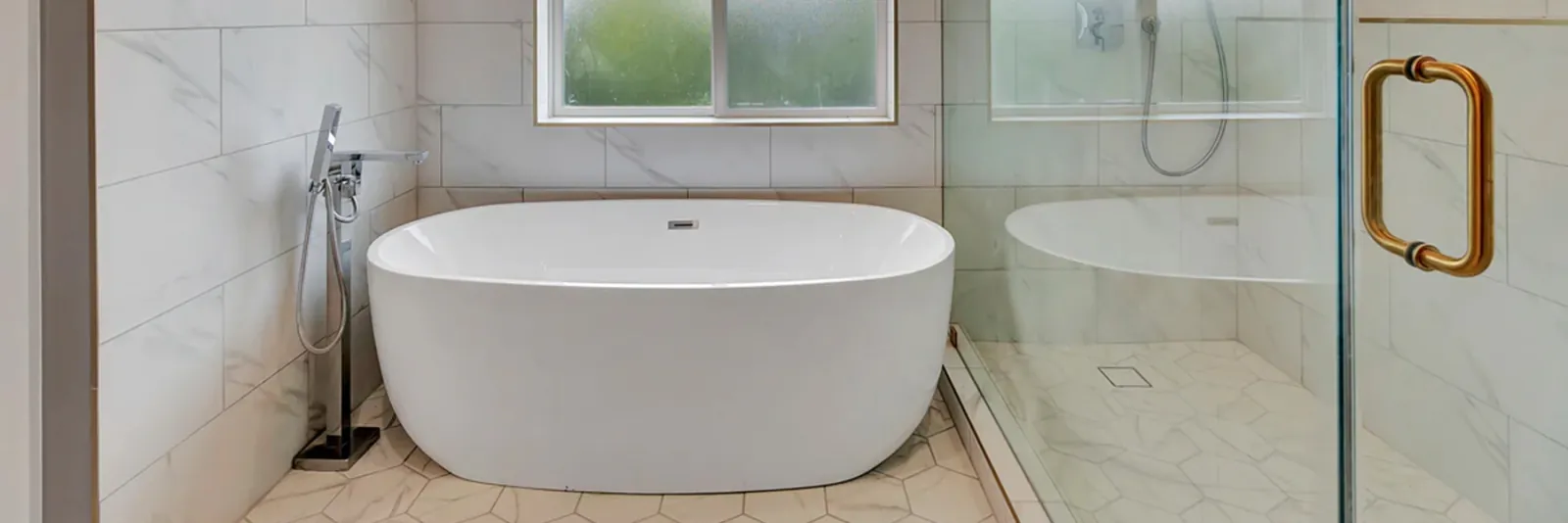 Addition and renovation, freestanding soaking tub beside the glass shower, La Cañada Flintridge