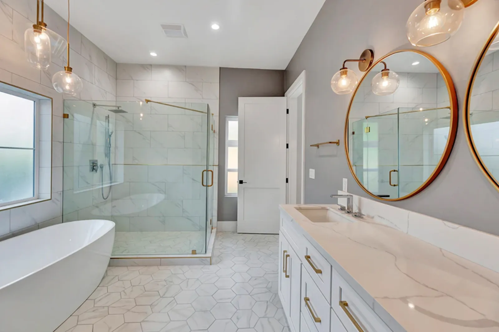 Addition and renovation, primary bathroom with dual vanity and glass shower, La Cañada Flintridge