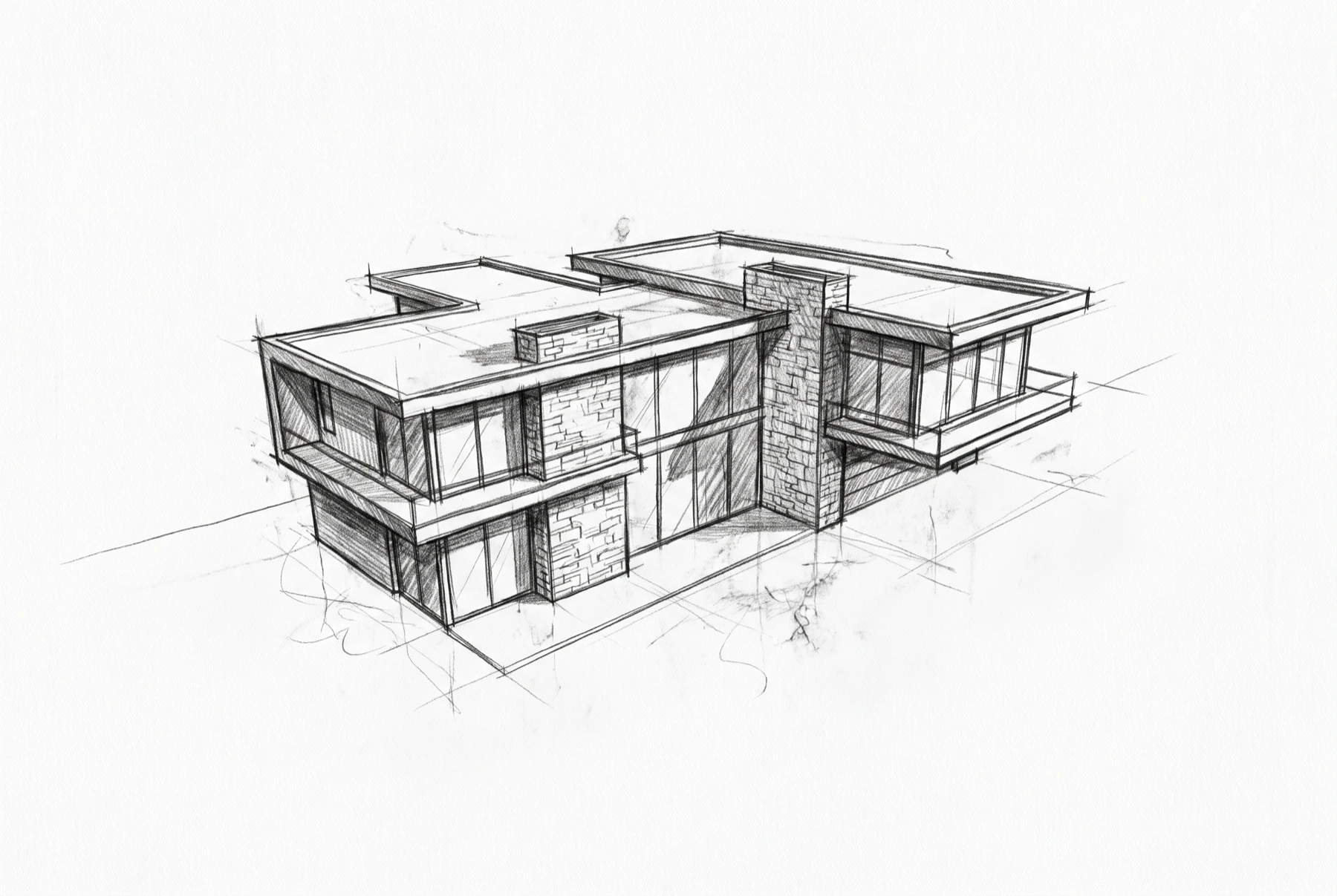 Architect's graphite concept sketch of a modern California home