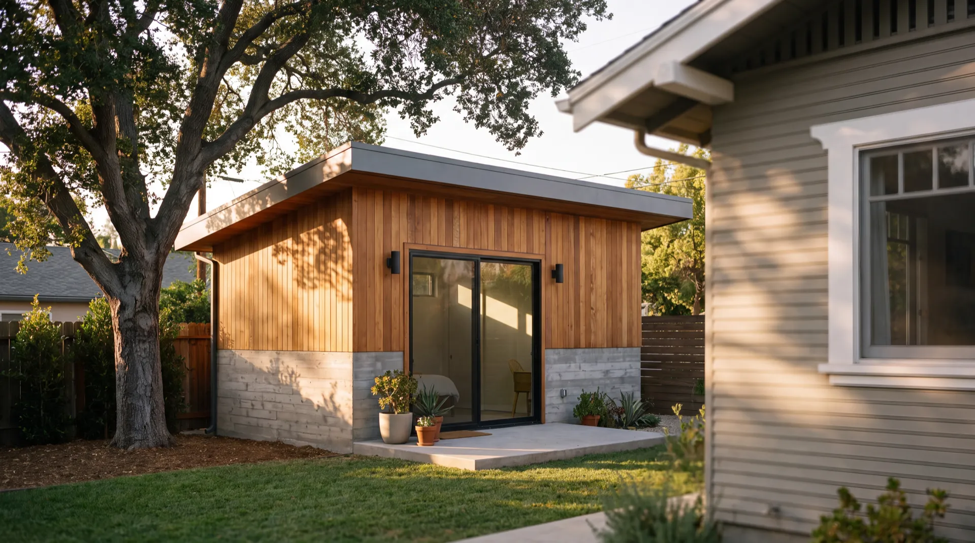 Concept study for a detached backyard ADU with cedar siding and a glass sliding door