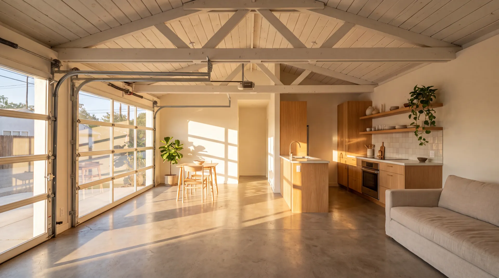 Concept study for a converted garage interior with an open kitchen and living area